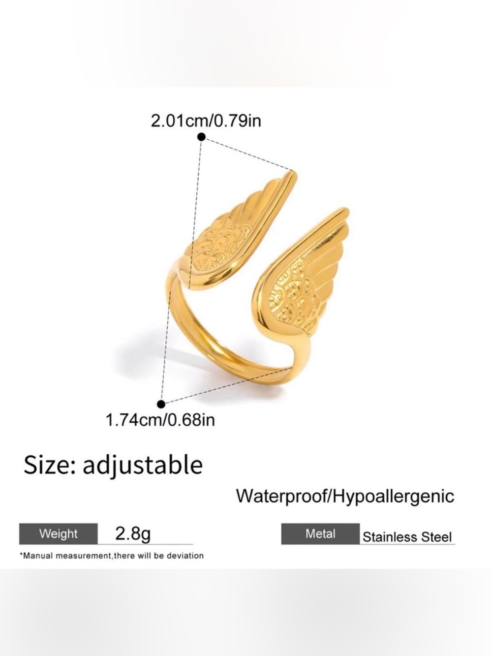 Vintage 18K Gold-Plated Stainless Steel Angel Wings Adjustable Hypoallergenic - Picture 8 of 8